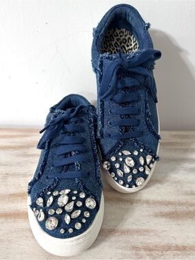 Chico's Ibiza Women's Denim Sneakers Size 7M Crystal Rhinestone Toe Frayed Edge